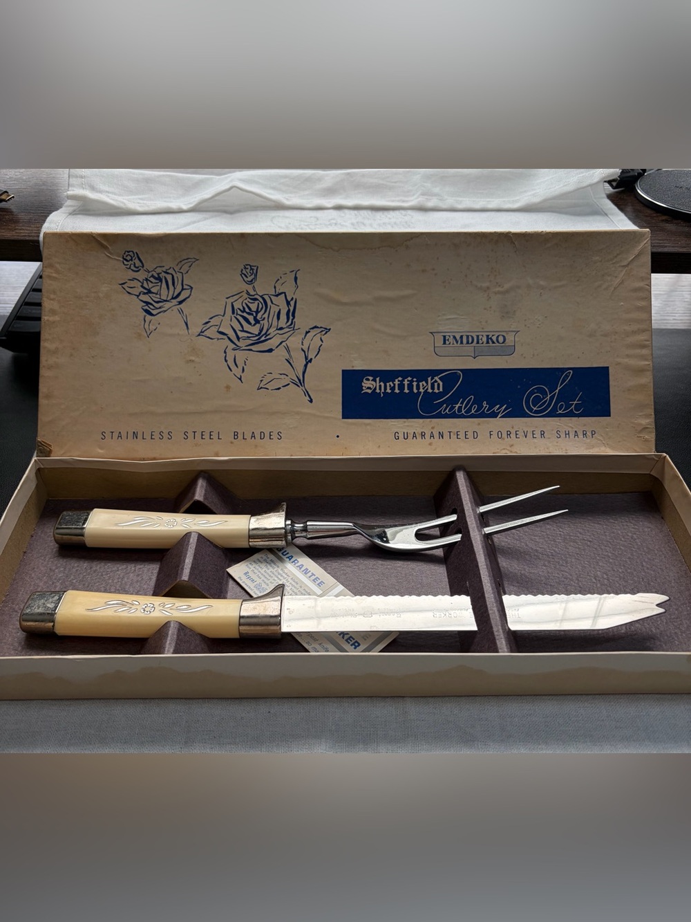 Vintage 1960’s Sheffield Carving Knife & Fork Set in Cream by Emdeko